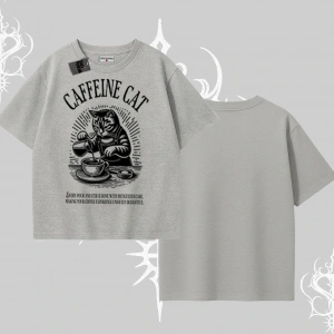 Oversize Tshirt Caffeine Cat Kahve Temalı Kedi Baskılı