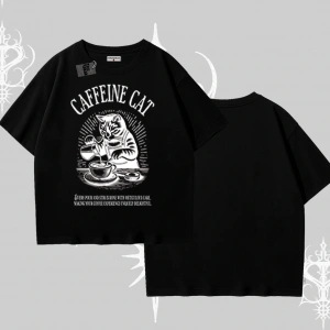 Oversize Tshirt Caffeine Cat Kahve Temalı Kedi Baskılı