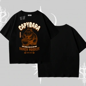 Oversize Tshirt Cute Capybara Enjoying Ramen Noodles Artwork