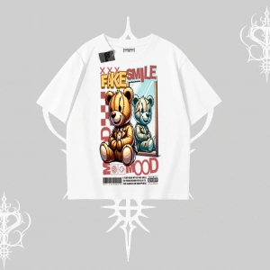 Oversize Tshirt Fake Smile Mood Ayıcık Grafik Baskılı