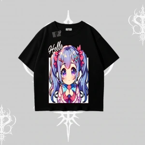 Oversize Tshirt Hello Anime Kız Sevimli Karakter Baskılı