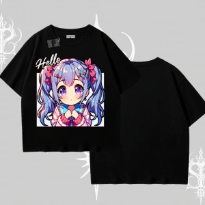 Oversize Tshirt Hello Anime Kız Sevimli Karakter Baskılı