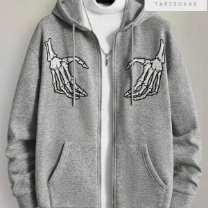 Oversize Unisex Gri İskelet Baskılı