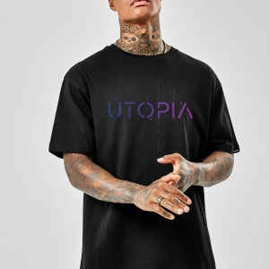 Oversize Utopia Baskılı Siyah Tshirt NRAGE159