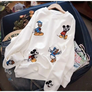 Özel Tasarım Bisiklet Yaka Disney Kahramanları Baskılı Süper Oversize Kadın Sweatsh Beyaz