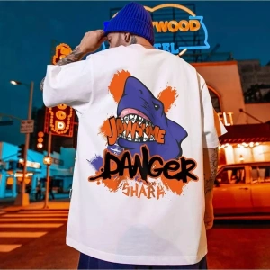 Özel Tasarım Danger Shark Sırt Baskılı %100 Pamuk Sokak Stili Hip Hop Erkek T-shırt