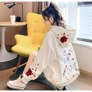 Özel Tasarım Kapüşonlu Fermuarlı Red Rose Baskılı Süper Oversize Kadın Ceket-sweats Beyaz