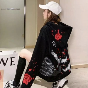Özel Tasarım Kapüşonlu Fermuarlı Red Rose Baskılı Süper Oversize Kadın Ceket-sweats Beyaz