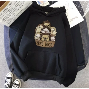 Özel Tasarım Kapüşonlu Free Hugs Sepette Kirpiler Baskılı Süper Oversize Kadın Swea Gri