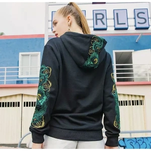 Özel Tasarım Kapüşonlu Japon Zümrüt Ejderha Baskılı Oversize Kadın Hoodie-sweatshır Siyah