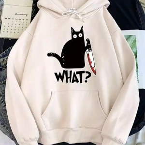 Özel Tasarım Kapüşonlu What ? Kedi Baskılı Tam Kışlık Süper Oversize Kadın Sweatshı Beyaz