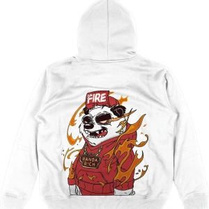 Panda Fire Oversize Unisex Kapüşonlu Sweatshirt Hoodie Beyaz
