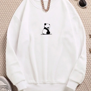 Panda Renkli Oversize Bisiklet Yaka Pamuklu Sweatshirt Beyaz