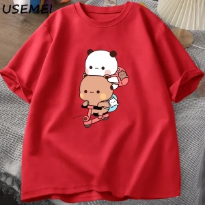 Panda ve Brownie ayı çift bisiklet sürme t-shirt boy komik karikatür T Shirt erkekler pamuk O 3040