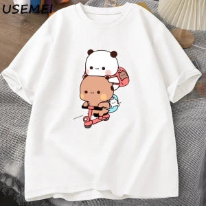 Panda ve Brownie ayı çift bisiklet sürme t-shirt boy komik karikatür T Shirt erkekler pamuk O 3040