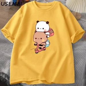 Panda ve Brownie ayı çift bisiklet sürme t-shirt boy komik karikatür T Shirt erkekler pamuk O 3040