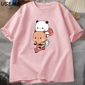 Panda ve Brownie ayı çift bisiklet sürme t-shirt boy komik karikatür T Shirt erkekler pamuk O 3040