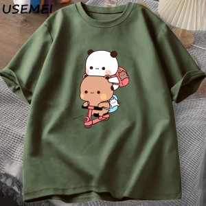 Panda ve Brownie ayı çift bisiklet sürme t-shirt boy komik karikatür T Shirt erkekler pamuk O 3040