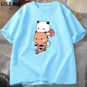 Panda ve Brownie ayı çift bisiklet sürme t-shirt boy komik karikatür T Shirt erkekler pamuk O 3040