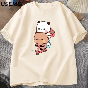 Panda ve Brownie ayı çift bisiklet sürme t-shirt boy komik karikatür T Shirt erkekler pamuk O 3040