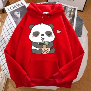 Pandalar aşk içme inci süt çay baskılı kapüşonlu svetşört erkekler Harajuku sıcak Hoody moda