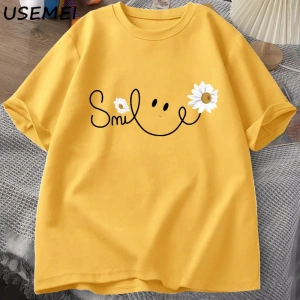 Papatya gülümseme yüz T Shirt yaz çiçek baskılı tişört kadın erkek pamuk kısa kollu Tshirt bo 3051