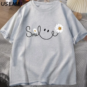 Papatya gülümseme yüz T Shirt yaz çiçek baskılı tişört kadın erkek pamuk kısa kollu Tshirt bo 3051