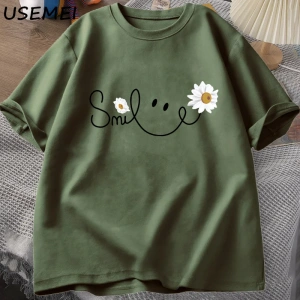 Papatya gülümseme yüz T Shirt yaz çiçek baskılı tişört kadın erkek pamuk kısa kollu Tshirt bo 3051
