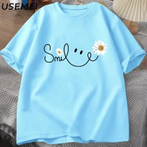 Papatya gülümseme yüz T Shirt yaz çiçek baskılı tişört kadın erkek pamuk kısa kollu Tshirt bo 3051