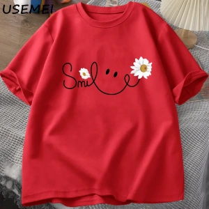 Papatya gülümseme yüz T Shirt yaz çiçek baskılı tişört kadın erkek pamuk kısa kollu Tshirt bo 3051