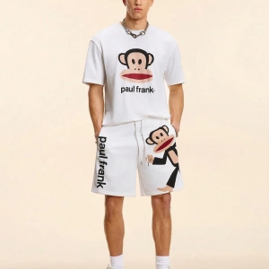 Paul Frank X SHEIN Erkek Yazlık Rahat Harf ve Maymun Baskılı Bağcıklı Bel Şortu
