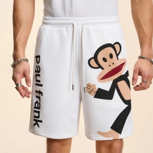 Paul Frank X SHEIN Erkek Yazlık Rahat Harf ve Maymun Baskılı Bağcıklı Bel Şortu