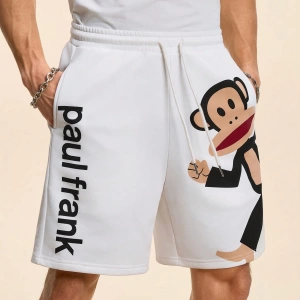 Paul Frank X SHEIN Erkek Yazlık Rahat Harf ve Maymun Baskılı Bağcıklı Bel Şortu