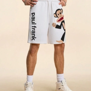 Paul Frank X SHEIN Erkek Yazlık Rahat Harf ve Maymun Baskılı Bağcıklı Bel Şortu