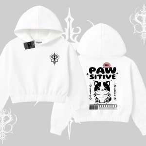 Paw Sitive Kedi Arka Baskılı Kapşonlu Crop Sweatshirt