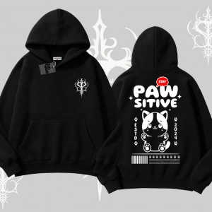 Paw Sitive Kedi Arka Baskılı Kapşonlu Sweatshirt