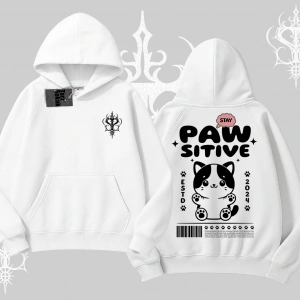 Paw Sitive Kedi Arka Baskılı Kapşonlu Sweatshirt
