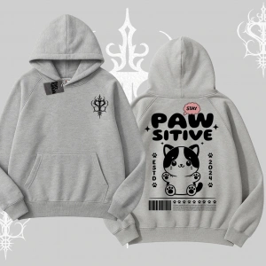 Paw Sitive Kedi Arka Baskılı Kapşonlu Sweatshirt