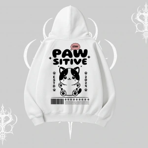 Paw Sitive Kedi Arka Baskılı Kapşonlu Sweatshirt