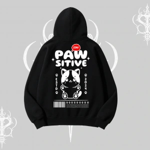 Paw Sitive Kedi Arka Baskılı Kapşonlu Sweatshirt