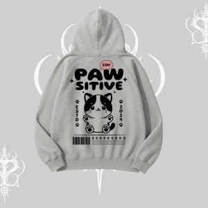 Paw Sitive Kedi Arka Baskılı Kapşonlu Sweatshirt