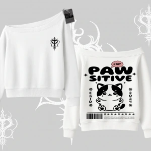 Paw Sitive Kedi Arka Baskılı Kayık Yaka Sweatshirt
