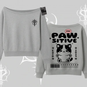 Paw Sitive Kedi Arka Baskılı Kayık Yaka Sweatshirt