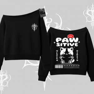 Paw Sitive Kedi Arka Baskılı Kayık Yaka Sweatshirt