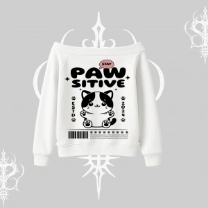 Paw Sitive Kedi Arka Baskılı Kayık Yaka Sweatshirt