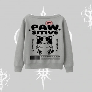 Paw Sitive Kedi Arka Baskılı Kayık Yaka Sweatshirt