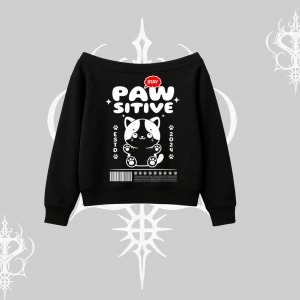 Paw Sitive Kedi Arka Baskılı Kayık Yaka Sweatshirt