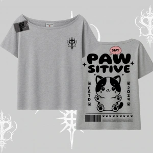 Paw Sitive Kedi Arka Baskılı Kayık Yaka Tshirt
