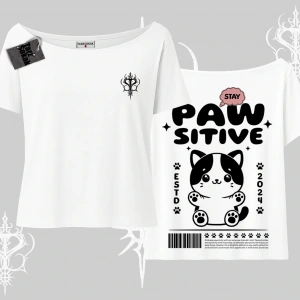 Paw Sitive Kedi Arka Baskılı Kayık Yaka Tshirt