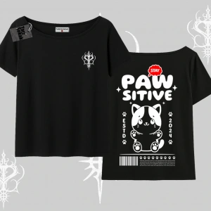 Paw Sitive Kedi Arka Baskılı Kayık Yaka Tshirt